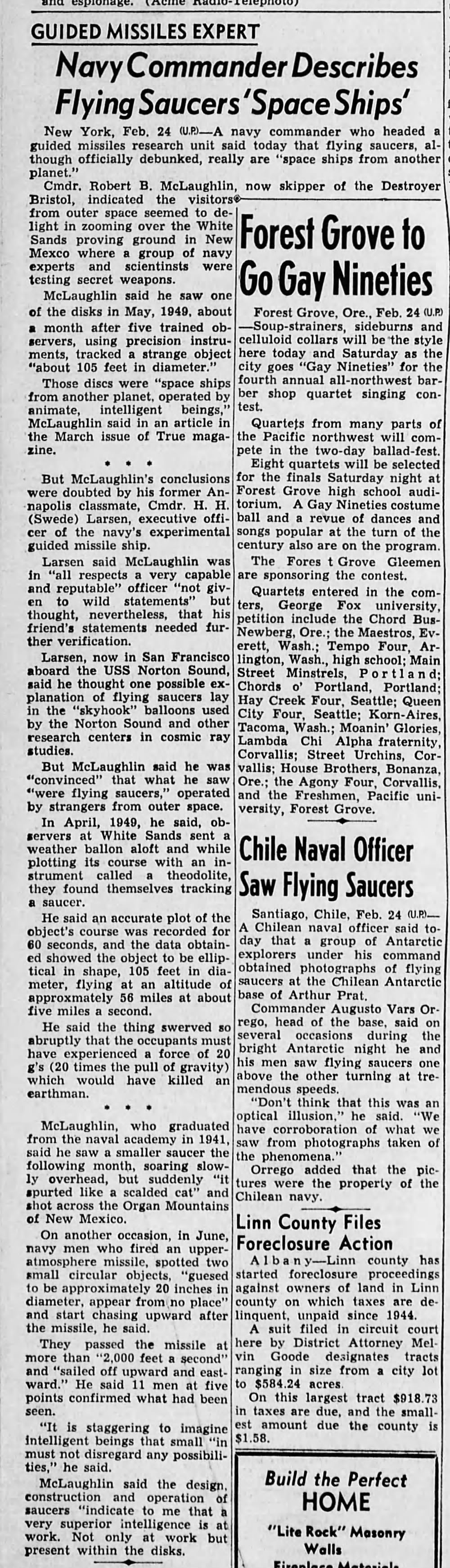 UFO, Flying Saucer, UAP, 24 Feb 1950, US Navy Commander and Chilean Naval Officer-two separate sightings